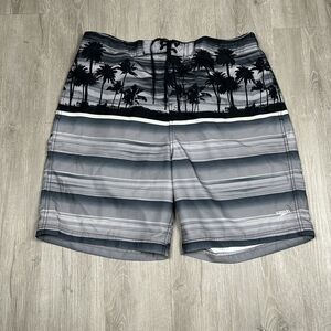Speedo Mens 2XL Gray Black Tropical Swim Trunks Board Shorts Lined‎ Palm Trees
